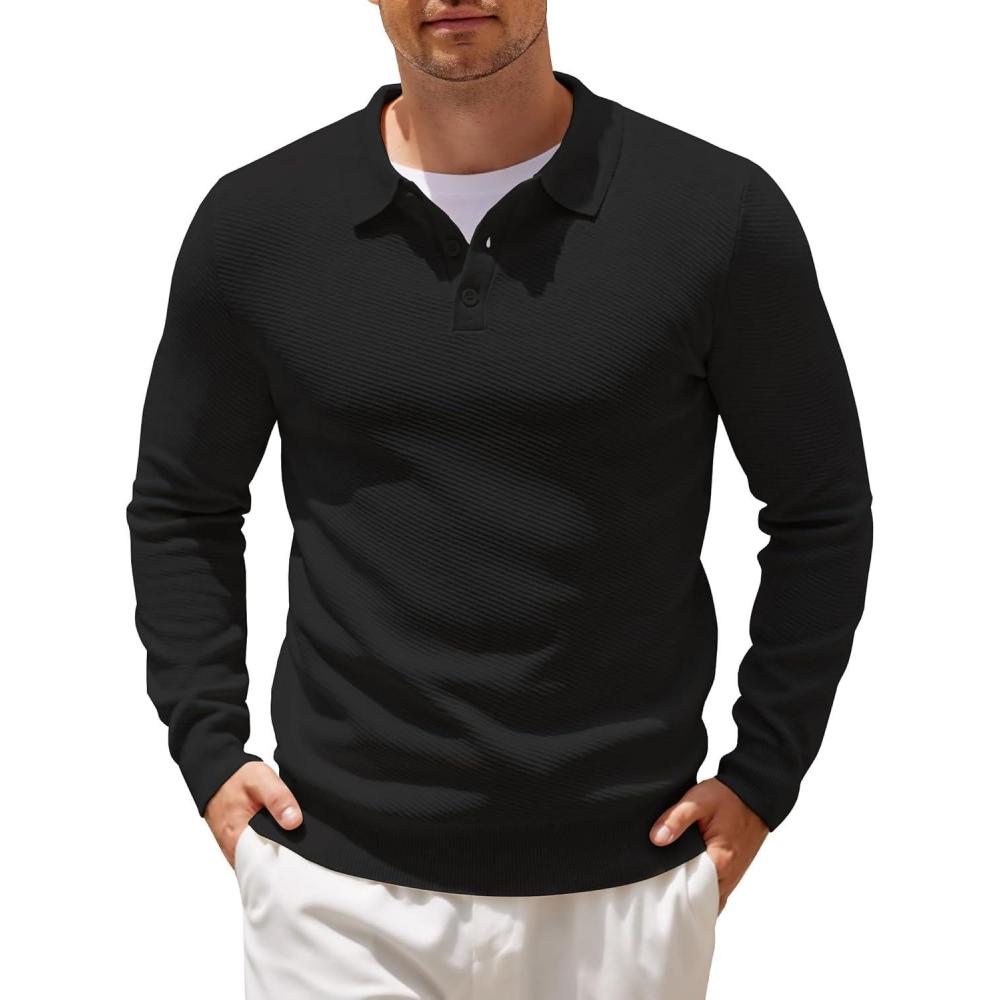 imageCOOFANDY Mens Knit Polo Shirts Casual Long Sleeve Collared Pullover Sweaters Quarter Button Ribbed Vintage Polo SweaterBlack