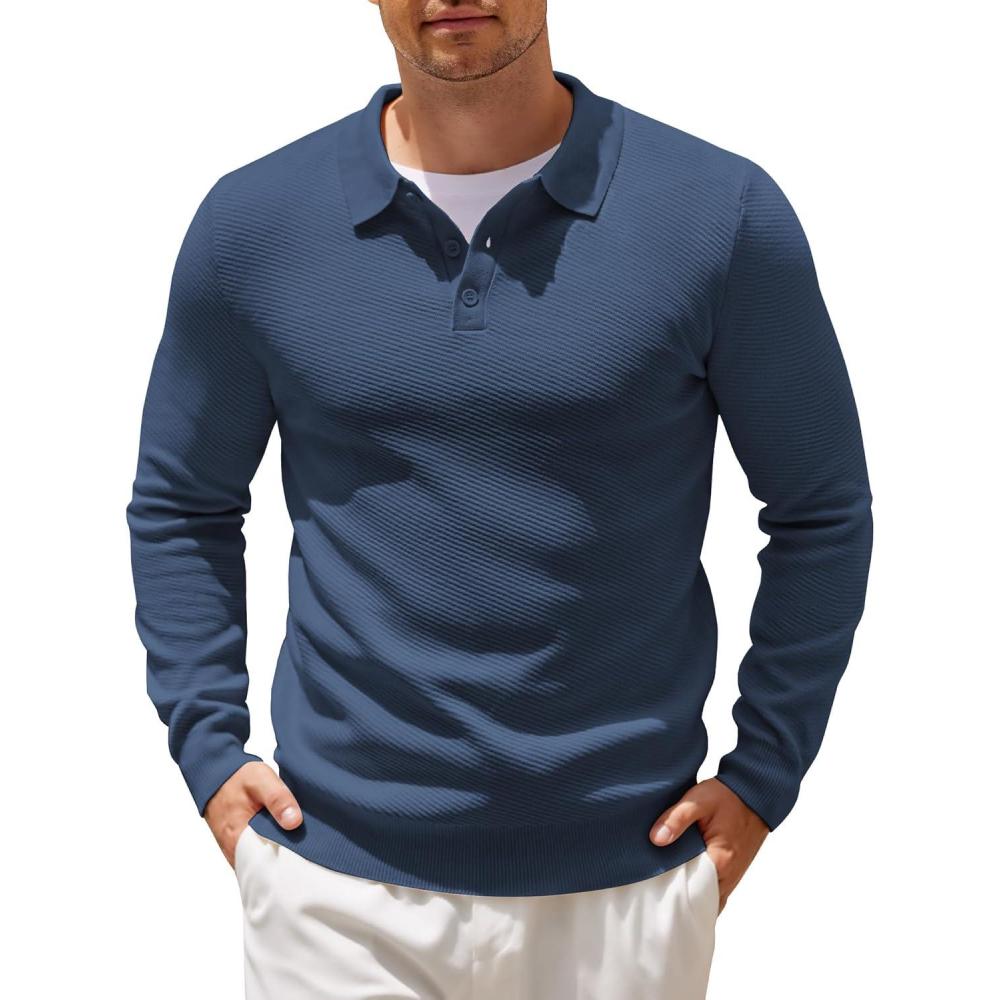 imageCOOFANDY Mens Knit Polo Shirts Casual Long Sleeve Collared Pullover Sweaters Quarter Button Ribbed Vintage Polo SweaterBlue