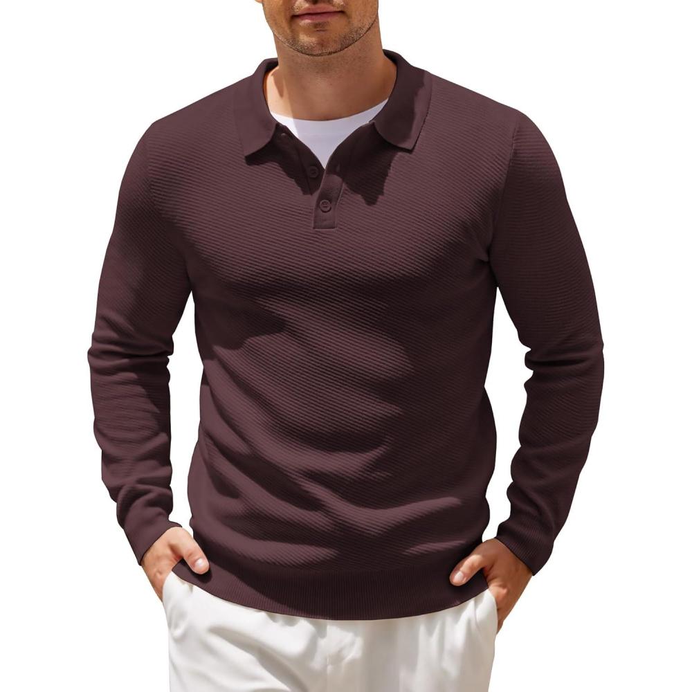 imageCOOFANDY Mens Knit Polo Shirts Casual Long Sleeve Collared Pullover Sweaters Quarter Button Ribbed Vintage Polo SweaterBrownish Red