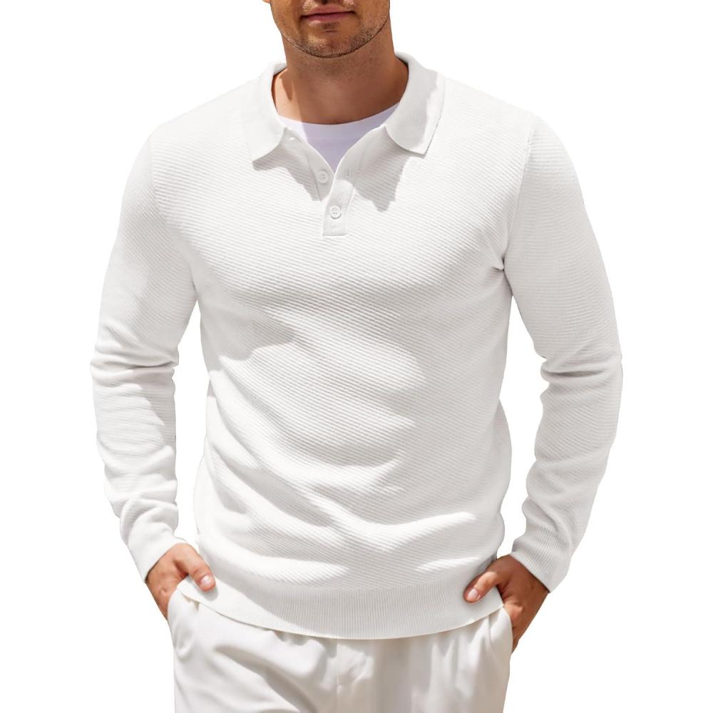imageCOOFANDY Mens Knit Polo Shirts Casual Long Sleeve Collared Pullover Sweaters Quarter Button Ribbed Vintage Polo SweaterWhite