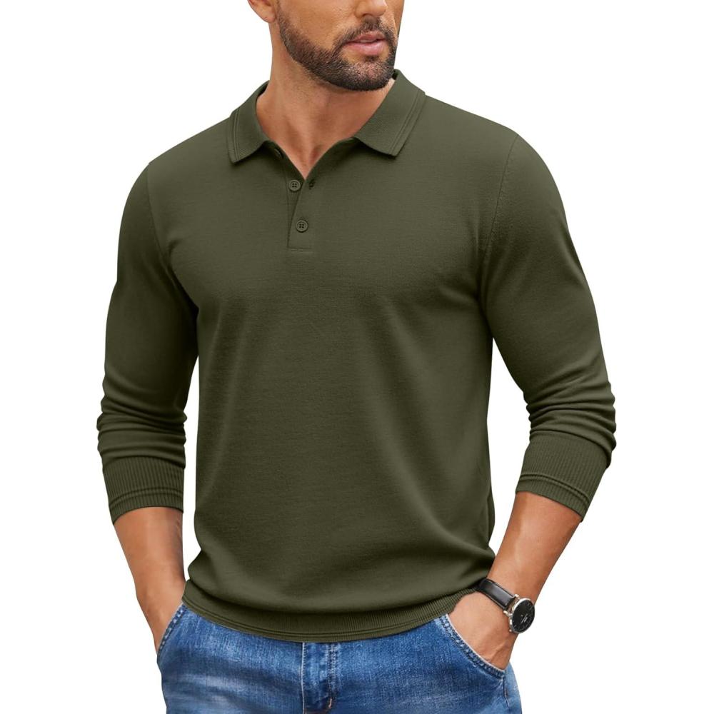 imageCOOFANDY Mens Knit Polo Sweater Long Sleeve Casual Golf Polo Lightweight Dress Button Collar Pullover SweatersArmy Green