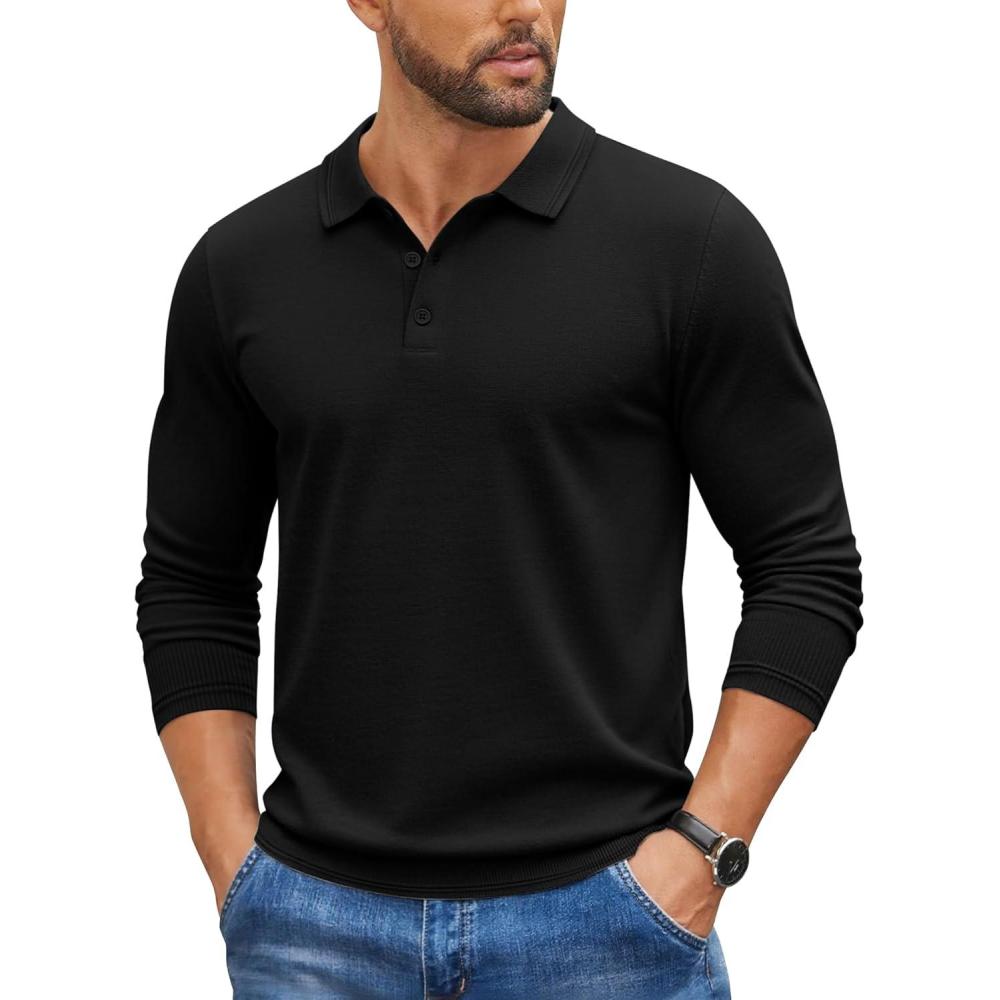 imageCOOFANDY Mens Knit Polo Sweater Long Sleeve Casual Golf Polo Lightweight Dress Button Collar Pullover SweatersBlack