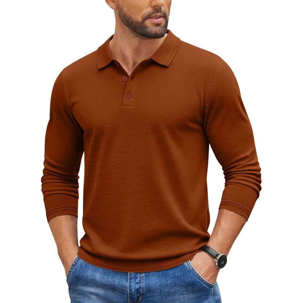 imageCOOFANDY Mens Knit Polo Sweater Long Sleeve Casual Golf Polo Lightweight Dress Button Collar Pullover SweatersCaramel