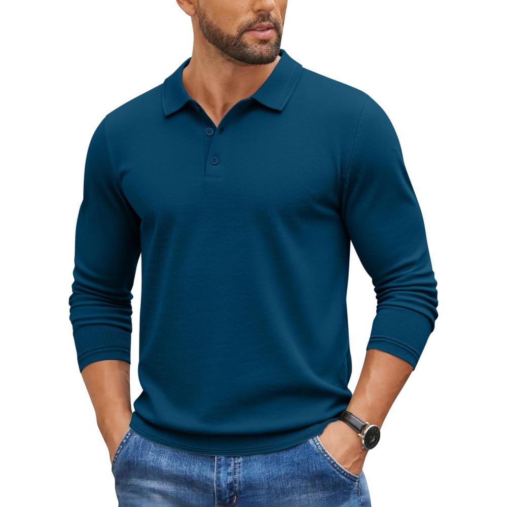 imageCOOFANDY Mens Knit Polo Sweater Long Sleeve Casual Golf Polo Lightweight Dress Button Collar Pullover SweatersDark Blue