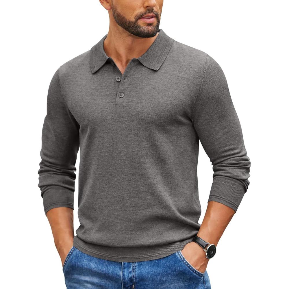 imageCOOFANDY Mens Knit Polo Sweater Long Sleeve Casual Golf Polo Lightweight Dress Button Collar Pullover SweatersDark Grey