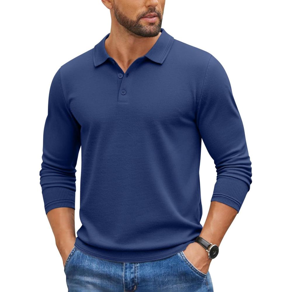 imageCOOFANDY Mens Knit Polo Sweater Long Sleeve Casual Golf Polo Lightweight Dress Button Collar Pullover SweatersDemin Blue