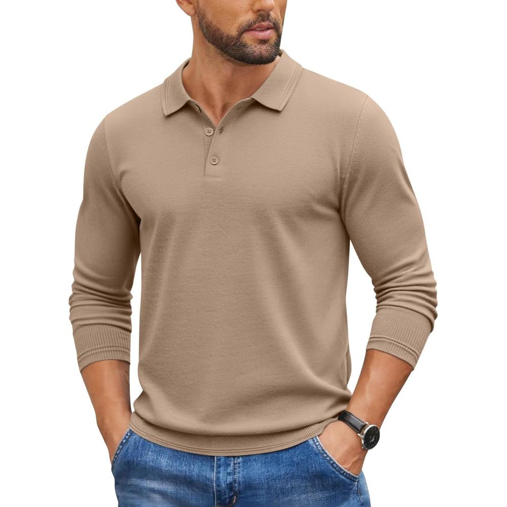 imageCOOFANDY Mens Knit Polo Sweater Long Sleeve Casual Golf Polo Lightweight Dress Button Collar Pullover SweatersKhaki