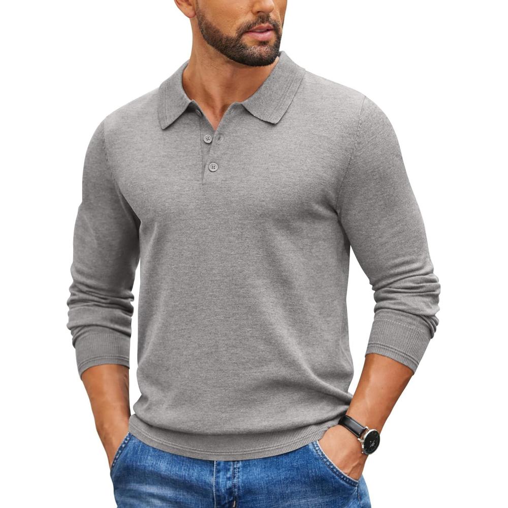 imageCOOFANDY Mens Knit Polo Sweater Long Sleeve Casual Golf Polo Lightweight Dress Button Collar Pullover SweatersLight Grey