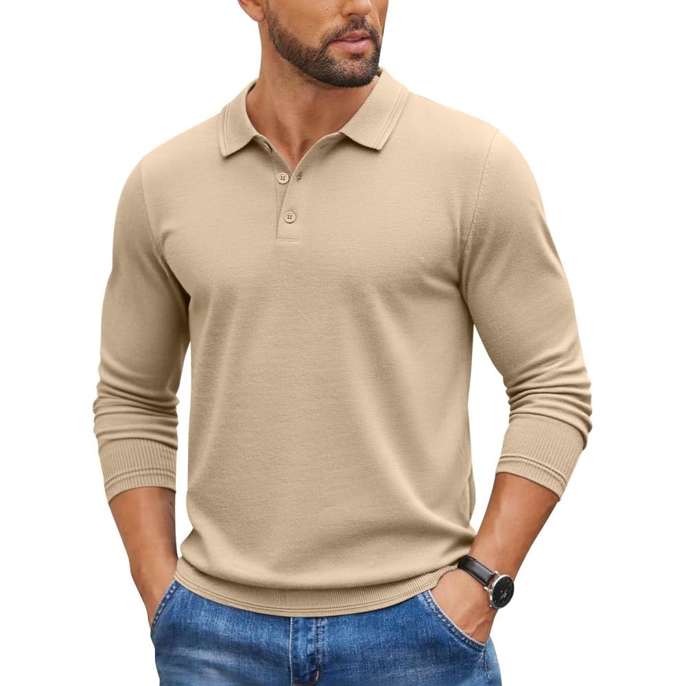 imageCOOFANDY Mens Knit Polo Sweater Long Sleeve Casual Golf Polo Lightweight Dress Button Collar Pullover SweatersLight Khaki