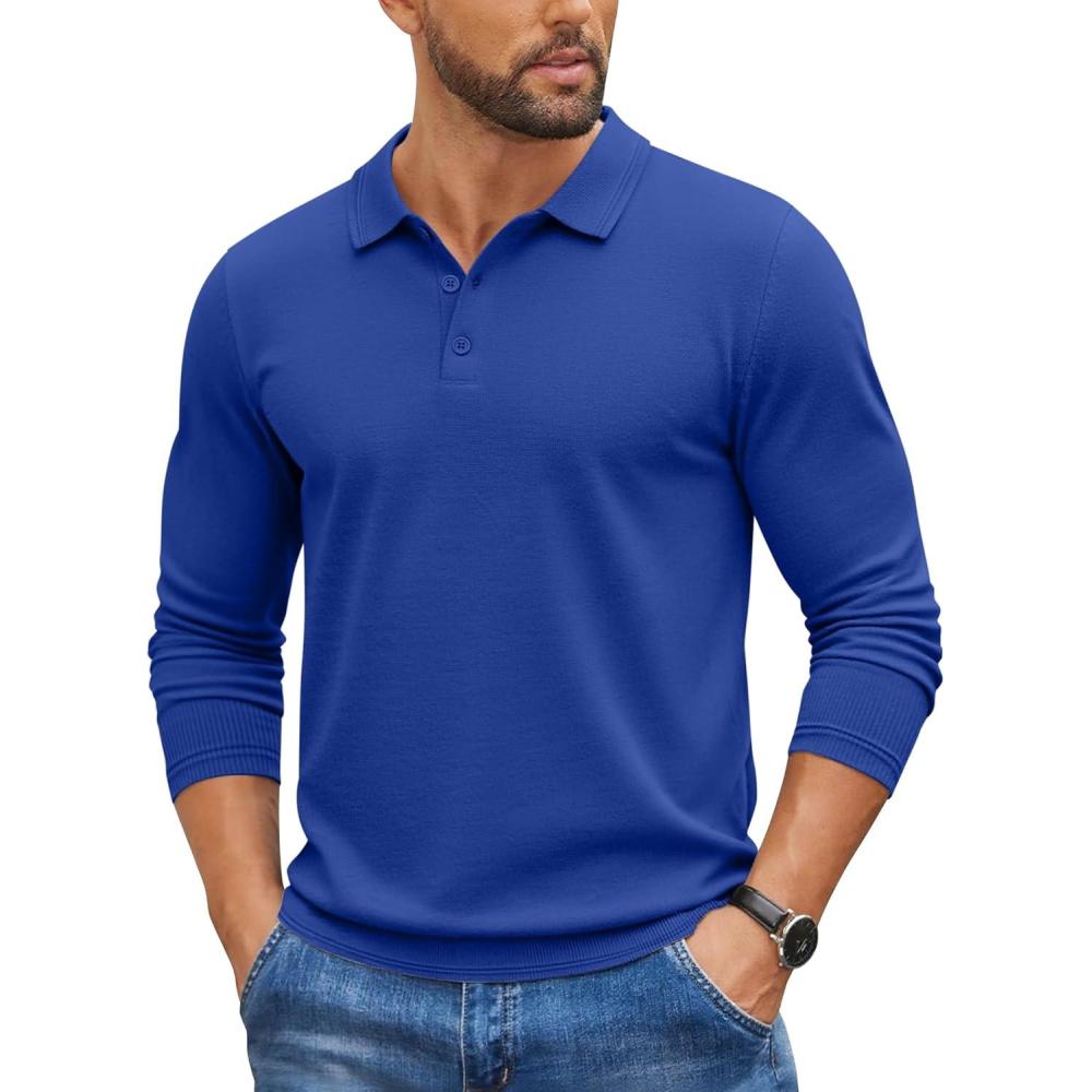 imageCOOFANDY Mens Knit Polo Sweater Long Sleeve Casual Golf Polo Lightweight Dress Button Collar Pullover SweatersRoyal Blue