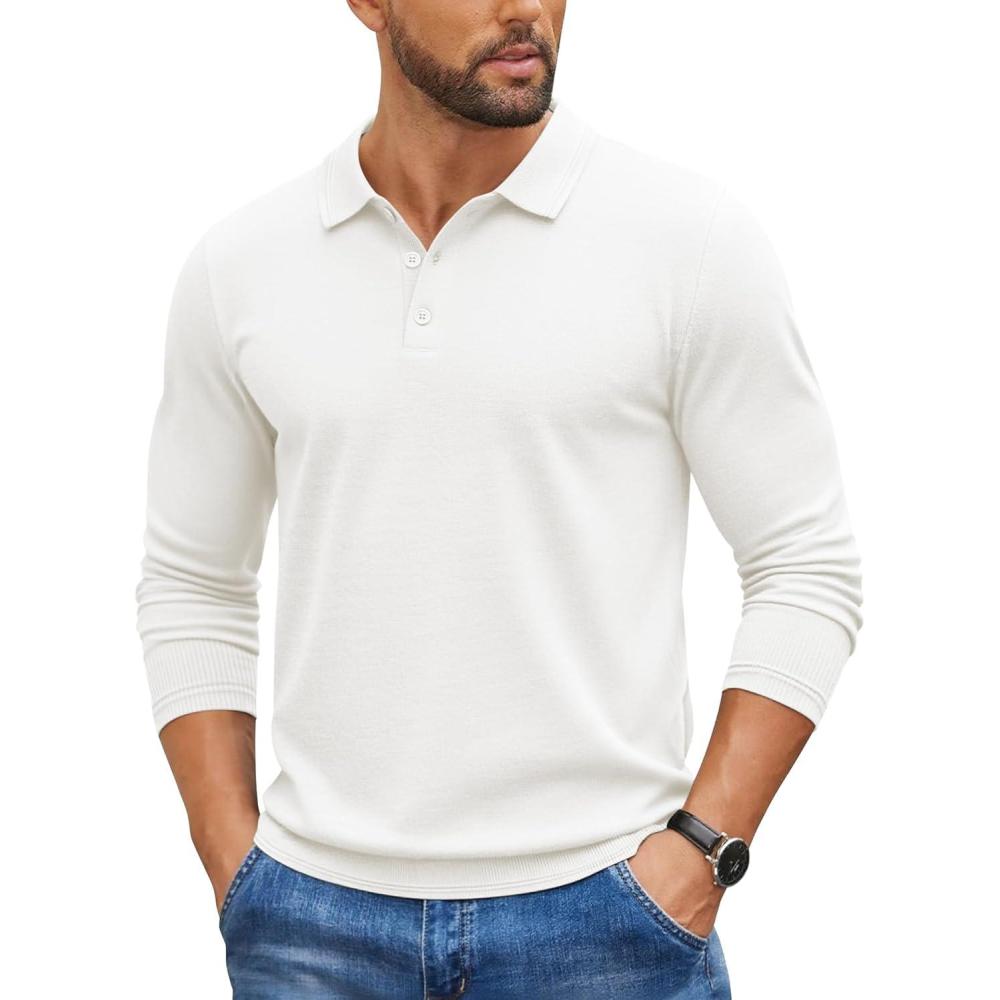 imageCOOFANDY Mens Knit Polo Sweater Long Sleeve Casual Golf Polo Lightweight Dress Button Collar Pullover SweatersWhite