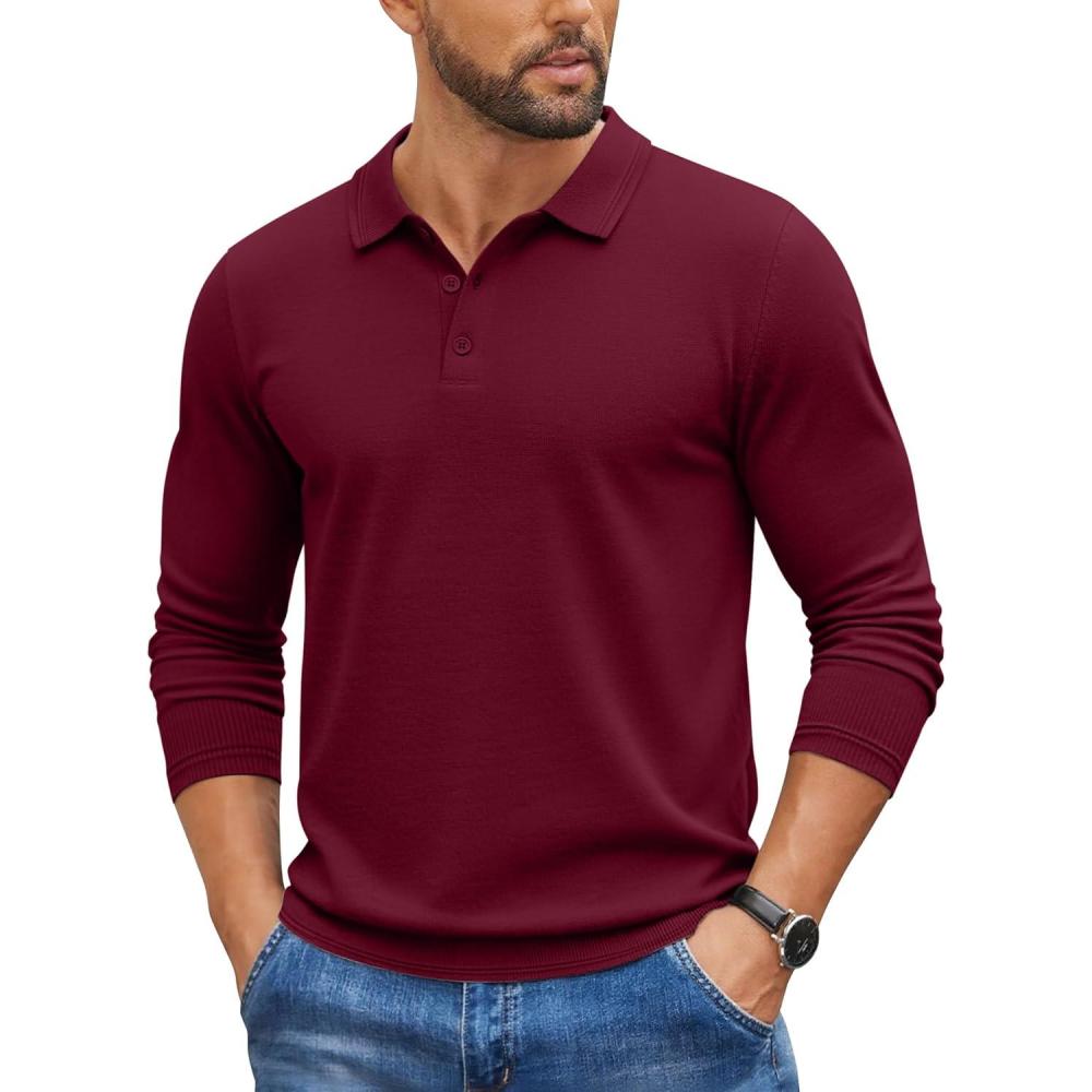 imageCOOFANDY Mens Knit Polo Sweater Long Sleeve Casual Golf Polo Lightweight Dress Button Collar Pullover SweatersWine Red