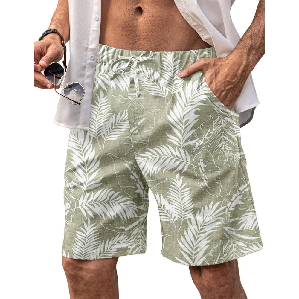 imageCOOFANDY Mens Linen Short Elastic Waist Drawstring Casual Summer Beach ShortsAgreenpalm Leaf