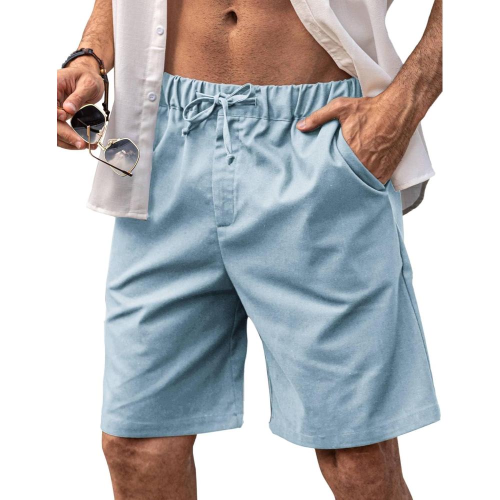 imageCOOFANDY Mens Linen Short Elastic Waist Drawstring Casual Summer Beach ShortsAlight Blue