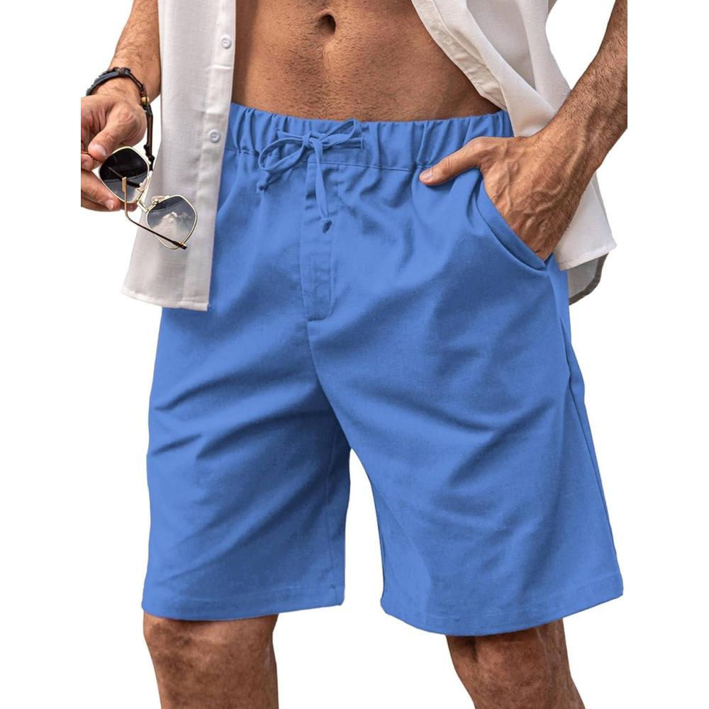 imageCOOFANDY Mens Linen Short Elastic Waist Drawstring Casual Summer Beach ShortsDark Blue