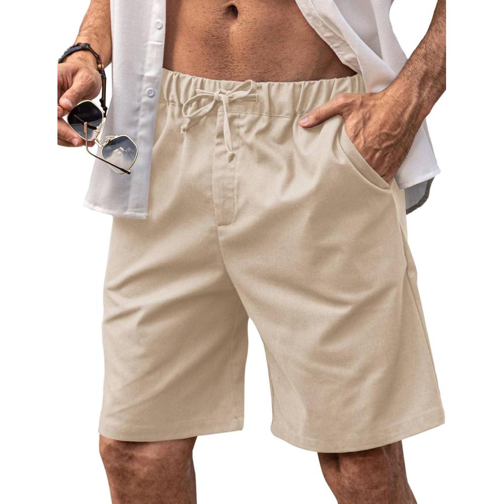 imageCOOFANDY Mens Linen Short Elastic Waist Drawstring Casual Summer Beach ShortsKhaki