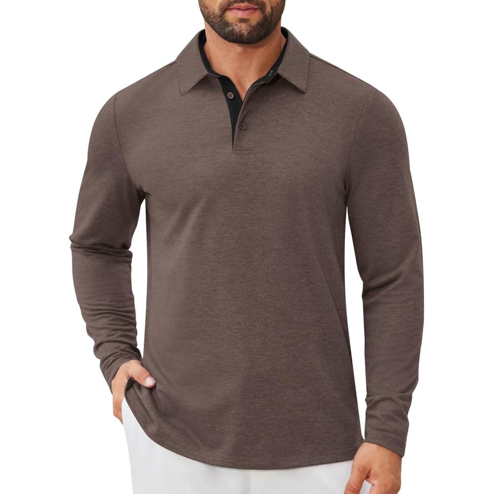 imageCOOFANDY Mens Long Sleeve Polo Shirts Button Casual Tee Collared Work Pullover ShirtsBrown