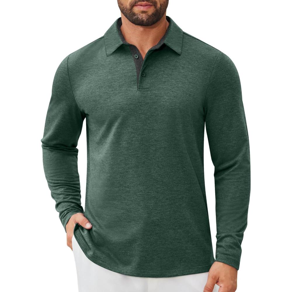 imageCOOFANDY Mens Long Sleeve Polo Shirts Button Casual Tee Collared Work Pullover ShirtsGreen
