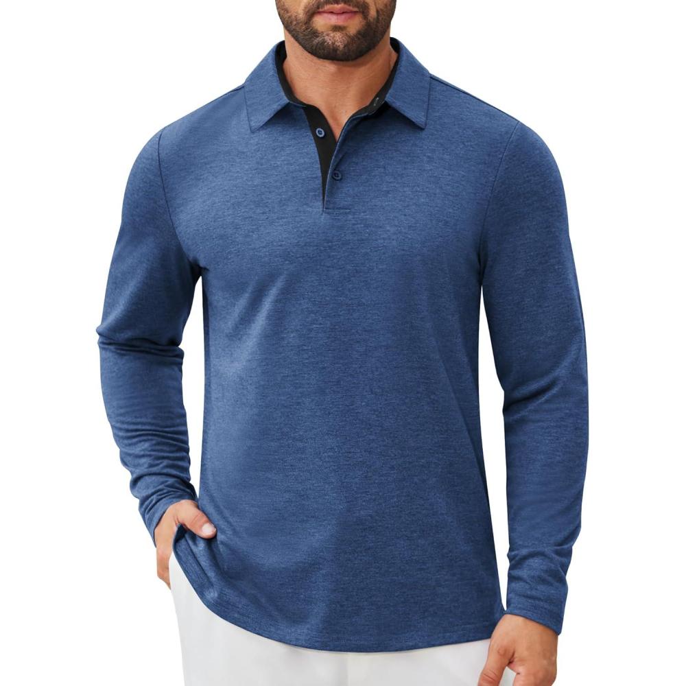 imageCOOFANDY Mens Long Sleeve Polo Shirts Button Casual Tee Collared Work Pullover ShirtsLight Blue