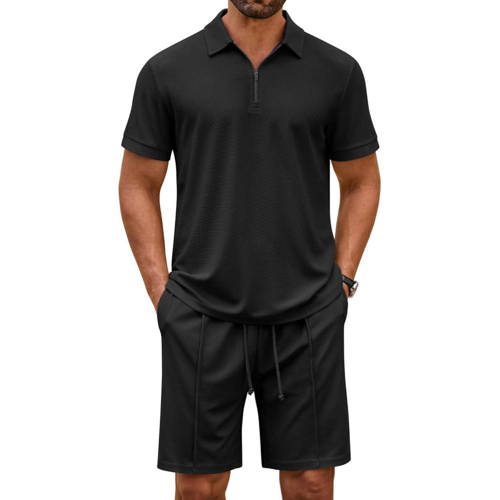 imageCOOFANDY Mens Polo Shirt and Shorts Set 2 Piece Outfits Fashion Summer Casual TracksuitsBlack