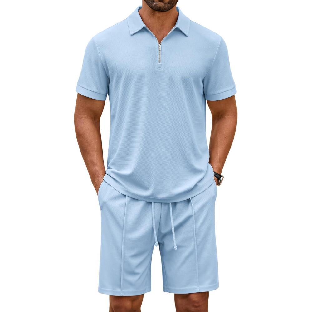 imageCOOFANDY Mens Polo Shirt and Shorts Set 2 Piece Outfits Fashion Summer Casual TracksuitsLight Blue