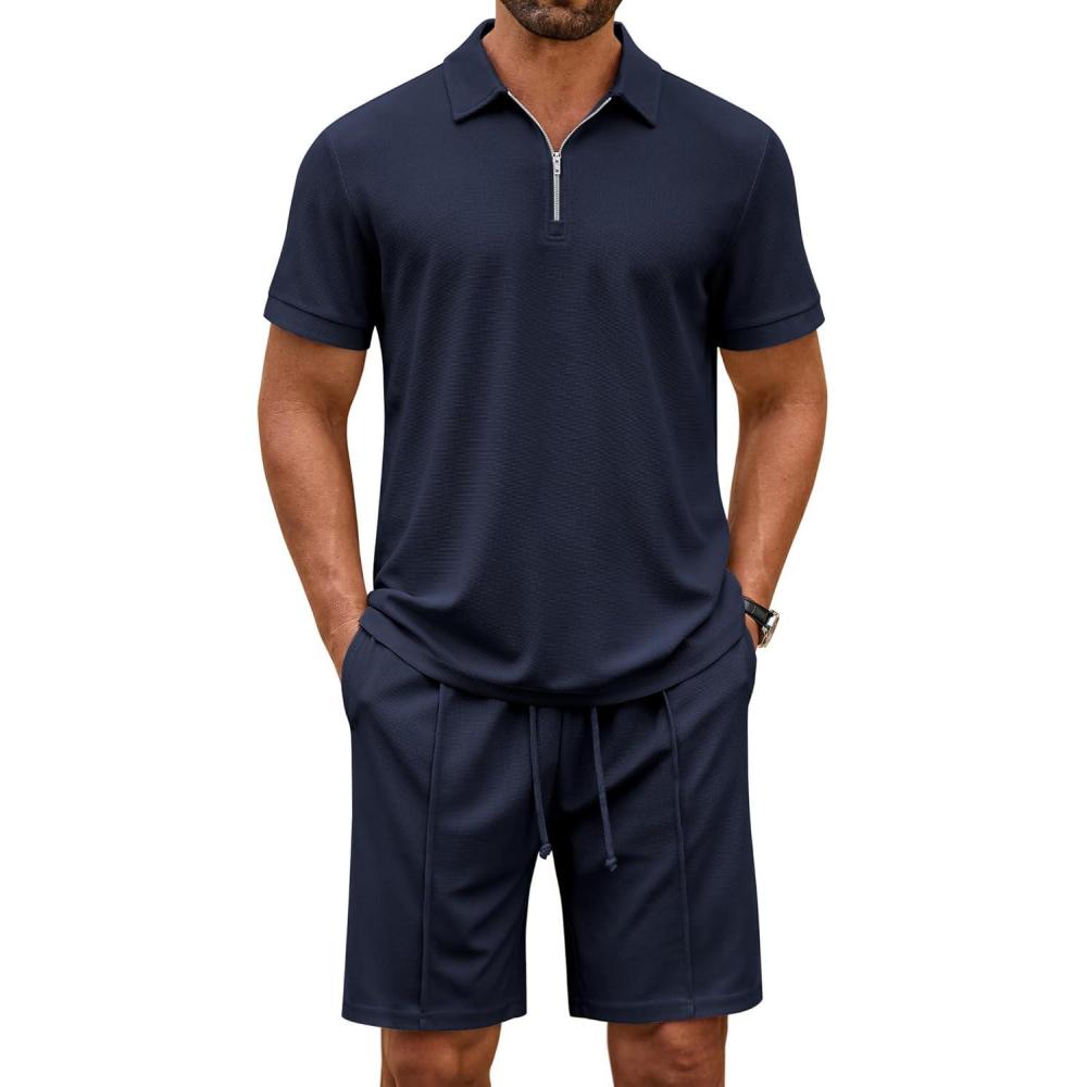 imageCOOFANDY Mens Polo Shirt and Shorts Set 2 Piece Outfits Fashion Summer Casual TracksuitsNavy Blue