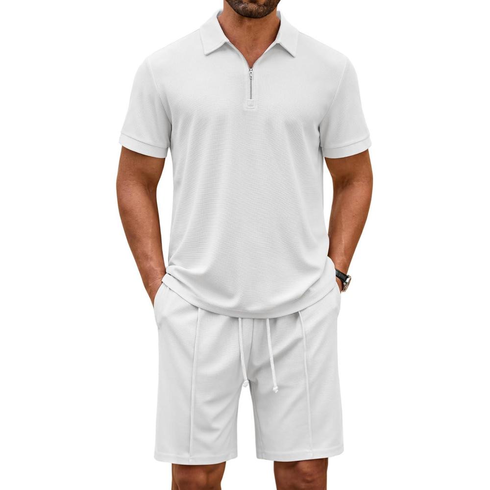 imageCOOFANDY Mens Polo Shirt and Shorts Set 2 Piece Outfits Fashion Summer Casual TracksuitsWhite