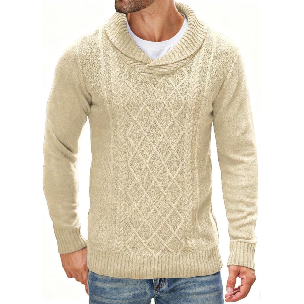 imageCOOFANDY Mens Shawl Collar Sweaters VNeck Relaxed Fit Cable PulloversLight Khaki