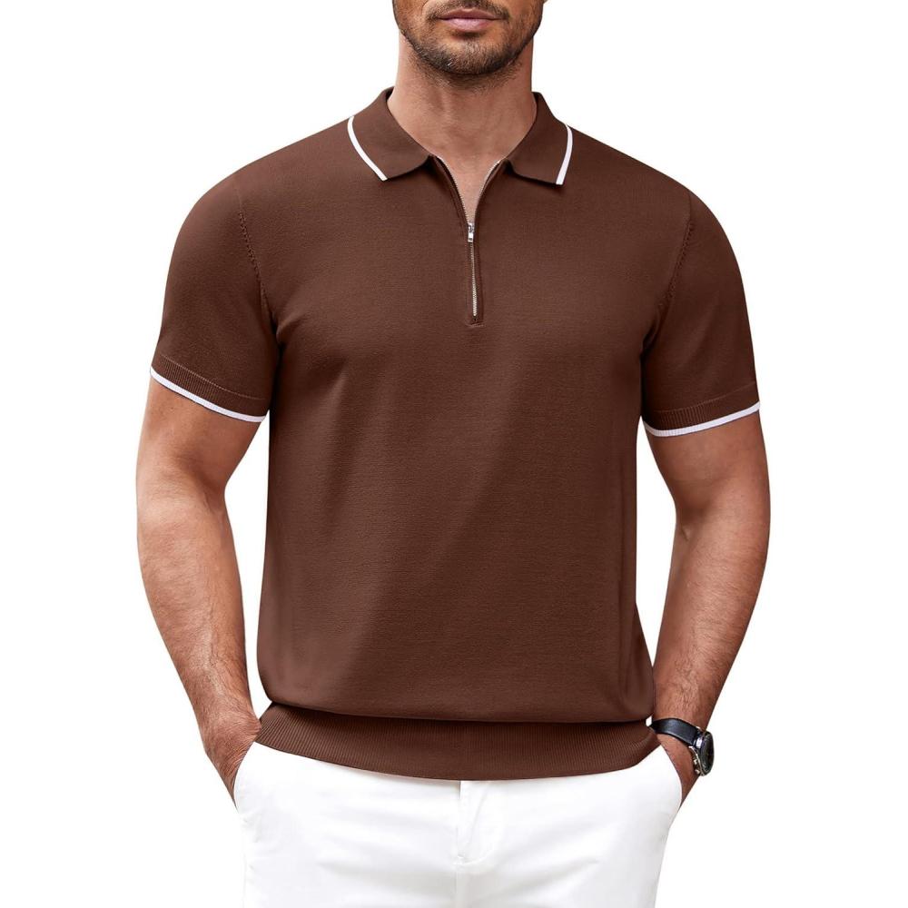 imageCOOFANDY Mens Zipper Polo Shirt Casual Knit Short Sleeve Polo T Shirt Classic Fit ShirtsBrown