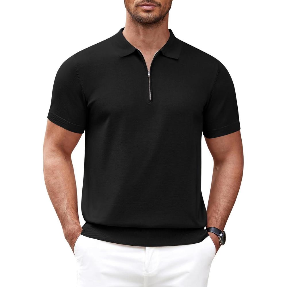 imageCOOFANDY Mens Zipper Polo Shirt Casual Knit Short Sleeve Polo T Shirt Classic Fit ShirtsSolid Black