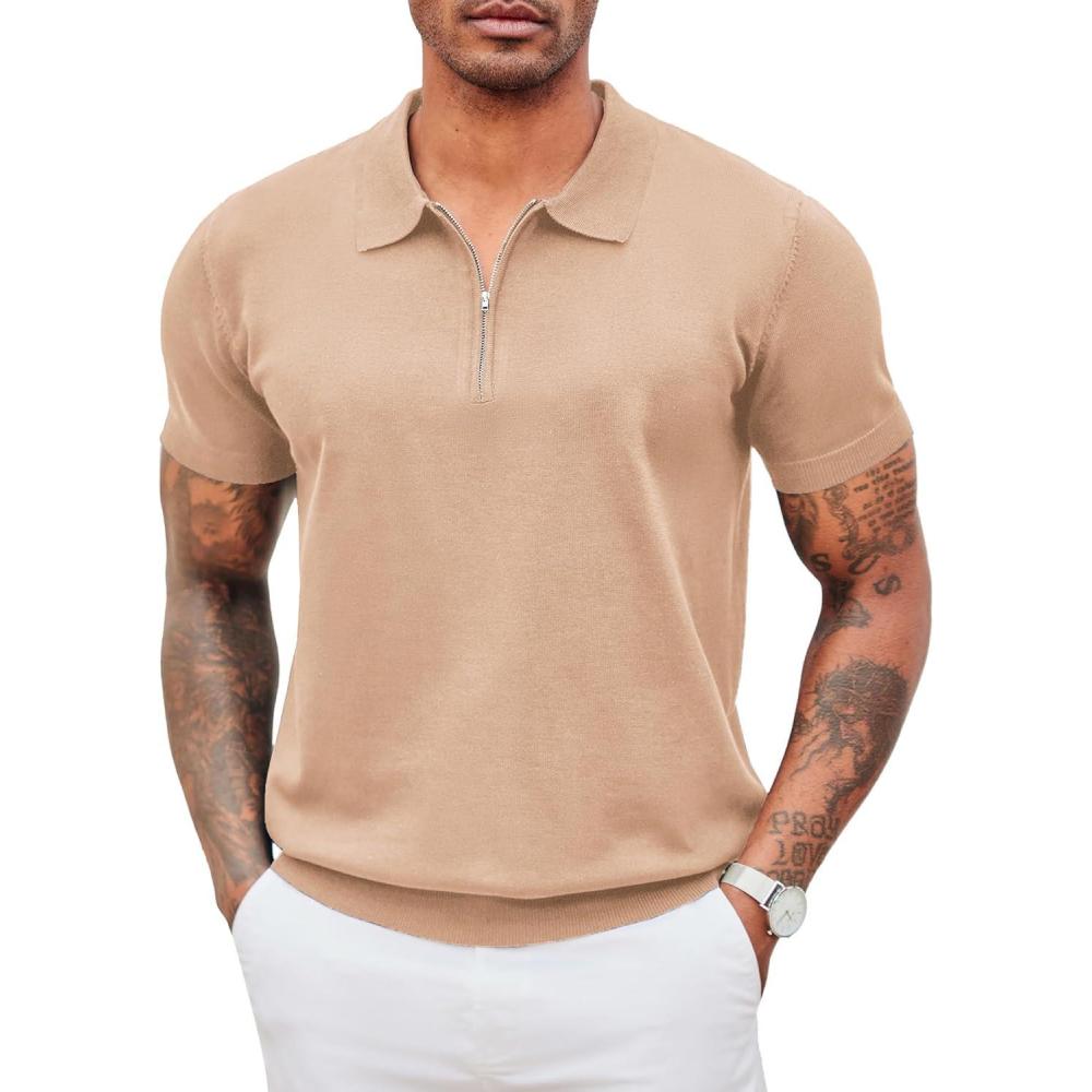 imageCOOFANDY Mens Zipper Polo Shirt Casual Knit Short Sleeve Polo T Shirt Classic Fit ShirtsSolid Light Tan