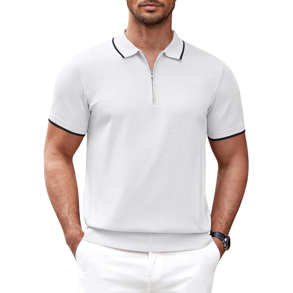 imageCOOFANDY Mens Zipper Polo Shirt Casual Knit Short Sleeve Polo T Shirt Classic Fit ShirtsWhite