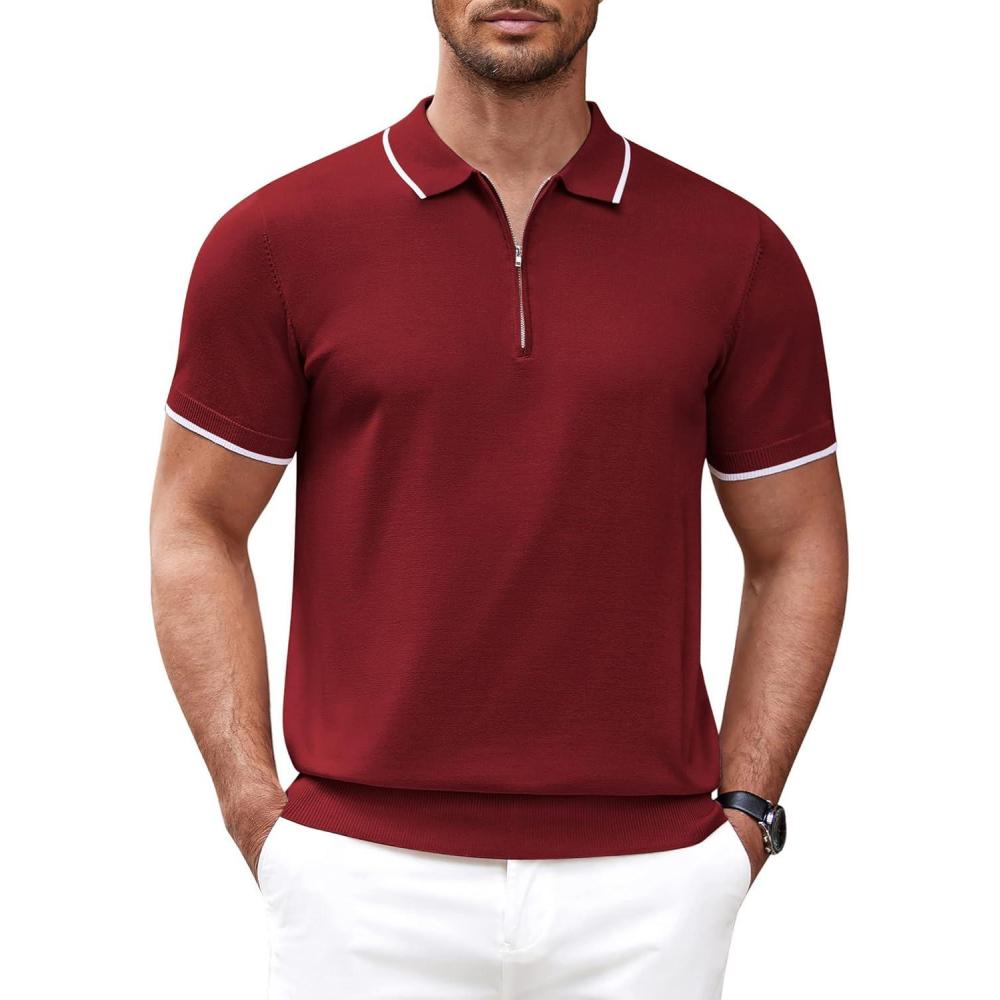 imageCOOFANDY Mens Zipper Polo Shirt Casual Knit Short Sleeve Polo T Shirt Classic Fit ShirtsWine Red