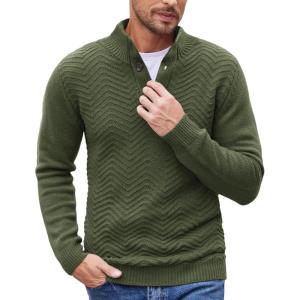COOFANDY Men Quarter Button Sweater Pullover Cable Knit Henley Mock Neck Sweater(Army Green)