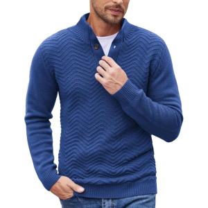 COOFANDY Men Quarter Button Sweater Pullover Cable Knit Henley Mock Neck Sweater(Deep Blue)