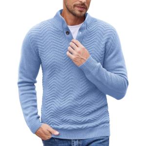 COOFANDY Men Quarter Button Sweater Pullover Cable Knit Henley Mock Neck Sweater(Light Blue)