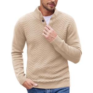 COOFANDY Men Quarter Button Sweater Pullover Cable Knit Henley Mock Neck Sweater(Light Khaki)