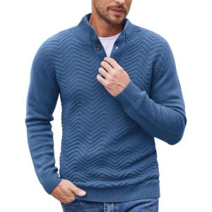 COOFANDY Men Quarter Button Sweater Pullover Cable Knit Henley Mock Neck Sweater(Royal Blue)