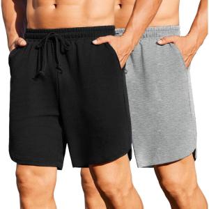 COOFANDY Men’s 2 Pack Gym Shorts 7 inch Athletic Workout Shorts Drawstring Sweat Shorts with Zipper Back Pocket(Black/Light Gray Heather)