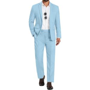 COOFANDY Men’s 2 Piece Suits Classic Fit Suit Set 2 Button Blazer Jacket and Dress Pants for Wedding Business Prom(Light Blue)