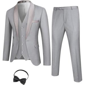 COOFANDY Men’s 3 Pieces Suit Slim Fit Tuxedo Set One Button Shawl Lapel Dinner Prom Jacket Vest Pants with Tie(Light Grey)