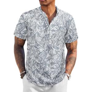 COOFANDY Men’s Casual Henley Shirt Short Sleeve Band Collar Linen Shirt Summer Beach Hippie T-Shirts(Leaf-grey)