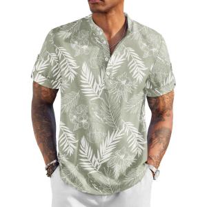COOFANDY Men’s Casual Henley Shirt Short Sleeve Band Collar Linen Shirt Summer Beach Hippie T-Shirts(Leaf-sage Green & White)