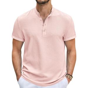 COOFANDY Men’s Casual Henley Shirt Short Sleeve Band Collar Shirt Summer Beach Hippie Vacation T Shirt with Button(Dark Pink)