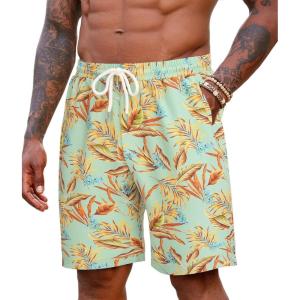 COOFANDY Men’s Hawaiian Beach Shorts Elastic Waist Drawstring Lightweight Summer Casual Shorts with Pocket(Green-yellow Leaf)