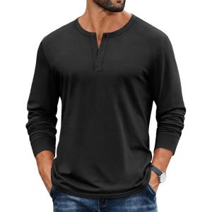 COOFANDY Mens Henley Shirts Cotton Long Sleeve V Neck Button Basic Tees Plain Casual Pullover(A Black)
