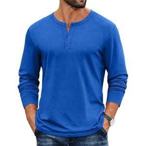 COOFANDY Mens Henley Shirts Cotton Long Sleeve V Neck Button Basic Tees Plain Casual Pullover(Blue)