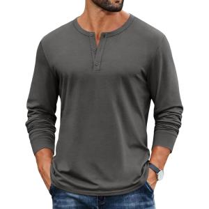 COOFANDY Mens Henley Shirts Cotton Long Sleeve V Neck Button Basic Tees Plain Casual Pullover(Dark Grey)