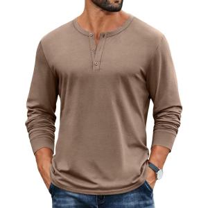 COOFANDY Mens Henley Shirts Cotton Long Sleeve V Neck Button Basic Tees Plain Casual Pullover(Khaki)