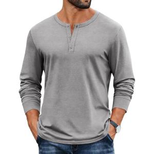 COOFANDY Mens Henley Shirts Cotton Long Sleeve V Neck Button Basic Tees Plain Casual Pullover(Light Grey)